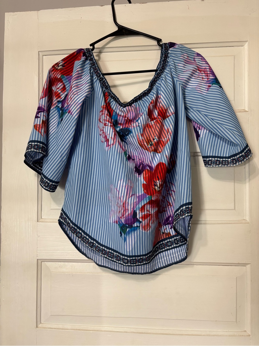 Flying Tomato Blue Striped Peasant Top with Red Floral Accents